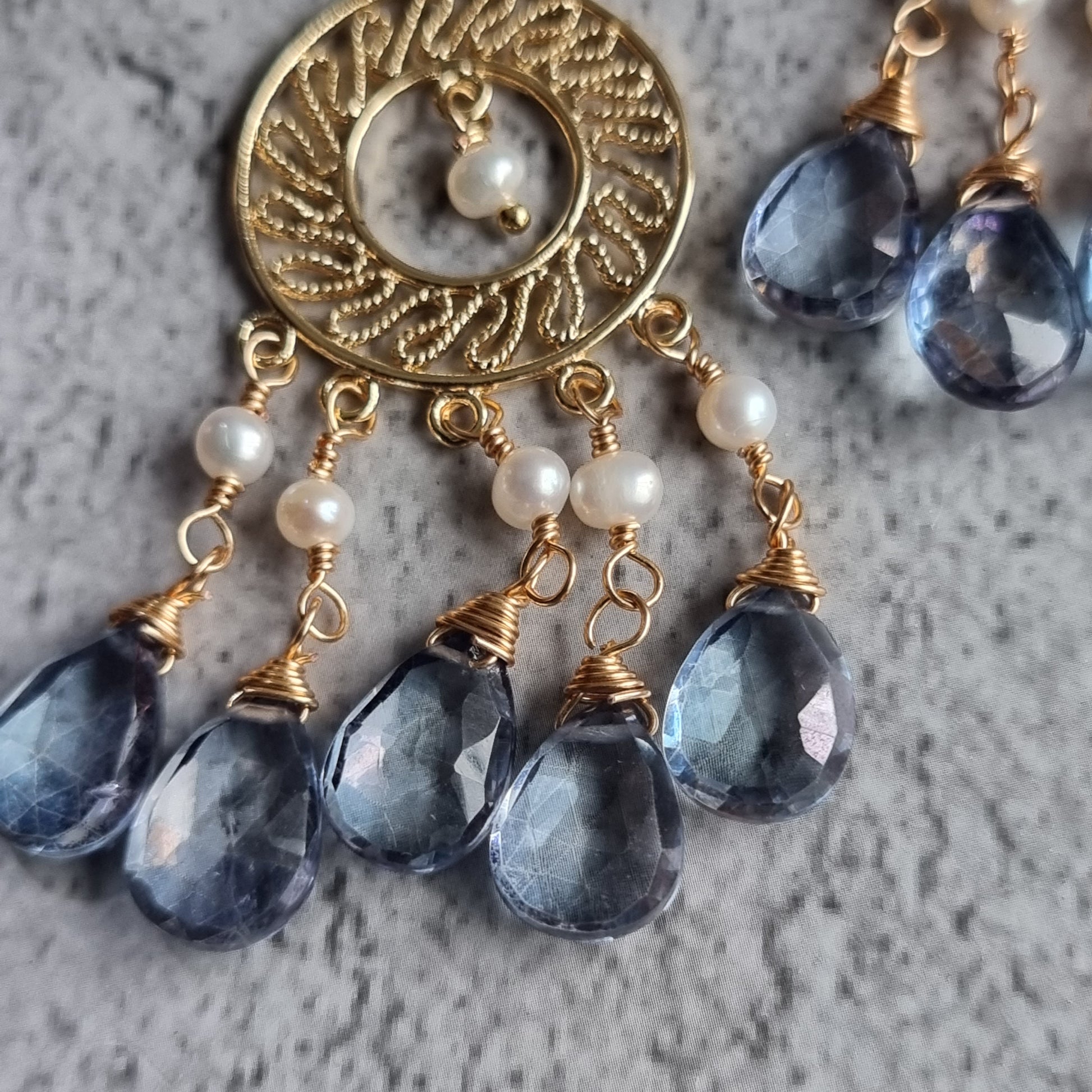 Blue Quartz with Fresh Water Pearl  Chandellier Gemstone Earrings