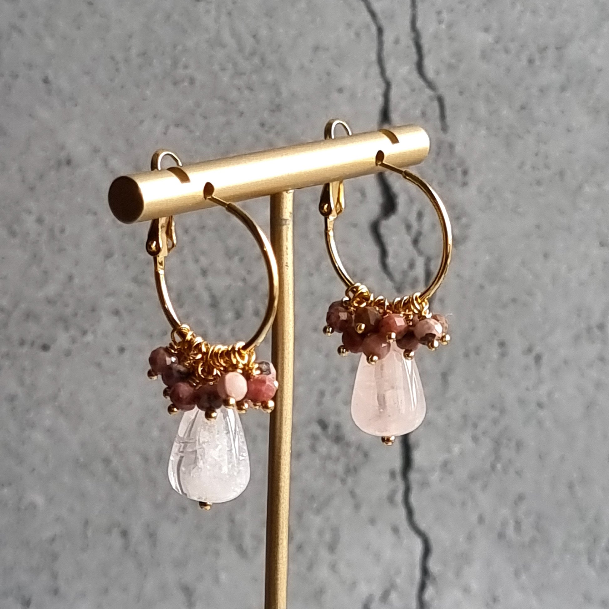 Rose Quartz with cluster of Rhodochrosite Small Hoop Gemstone Earrings
