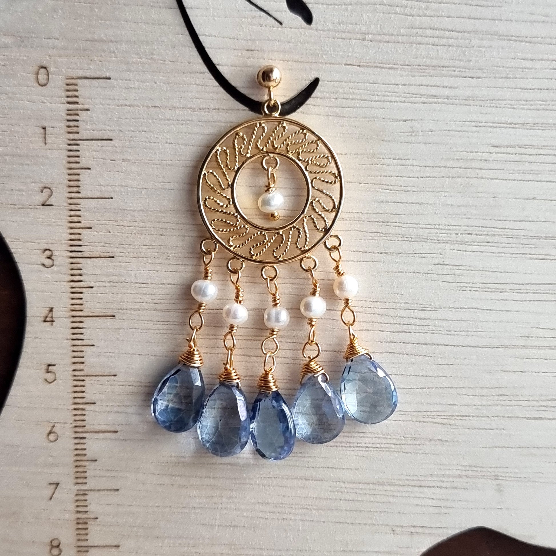 Blue Quartz with Fresh Water Pearl  Chandellier Gemstone Earrings