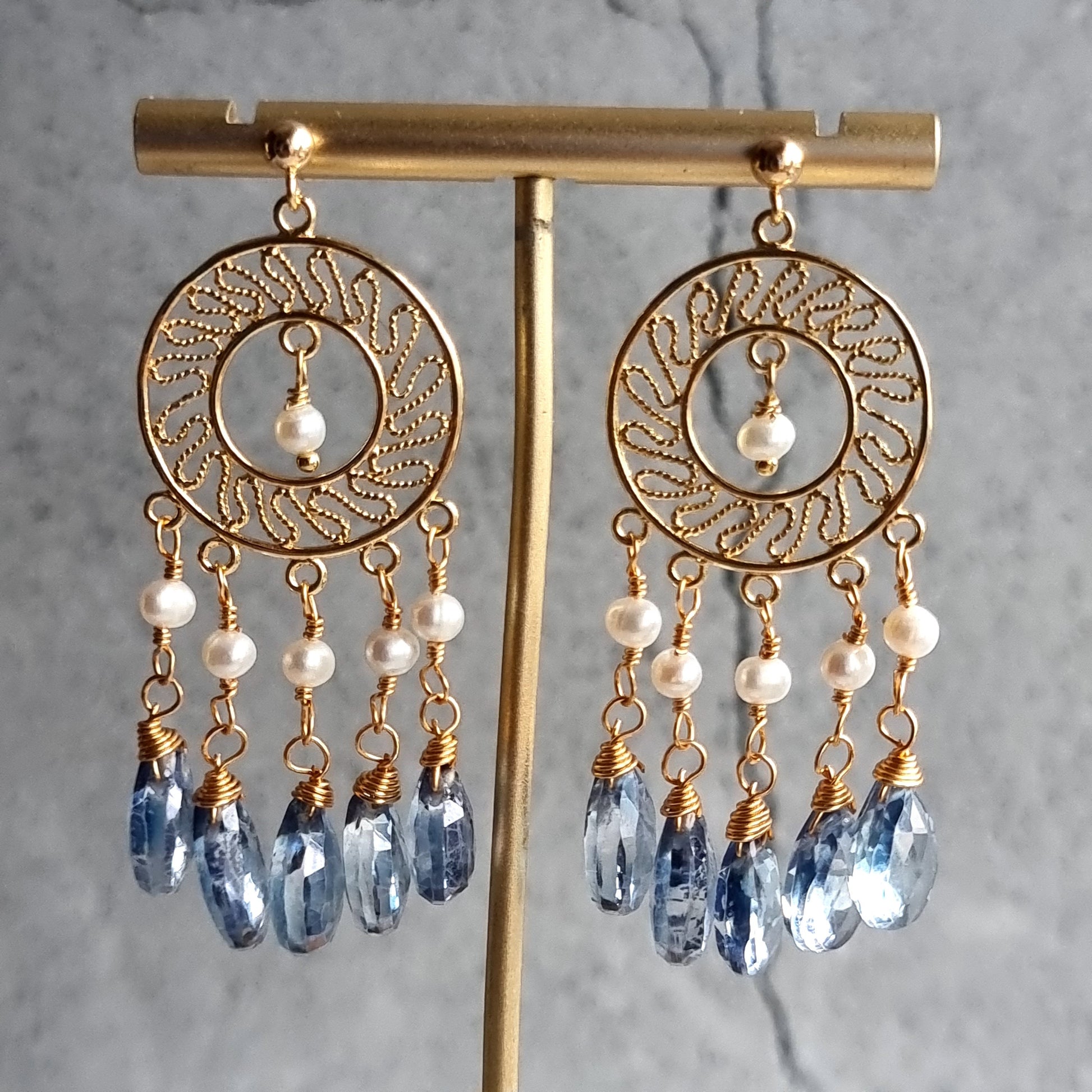 Blue Quartz with Fresh Water Pearl  Chandellier Gemstone Earrings