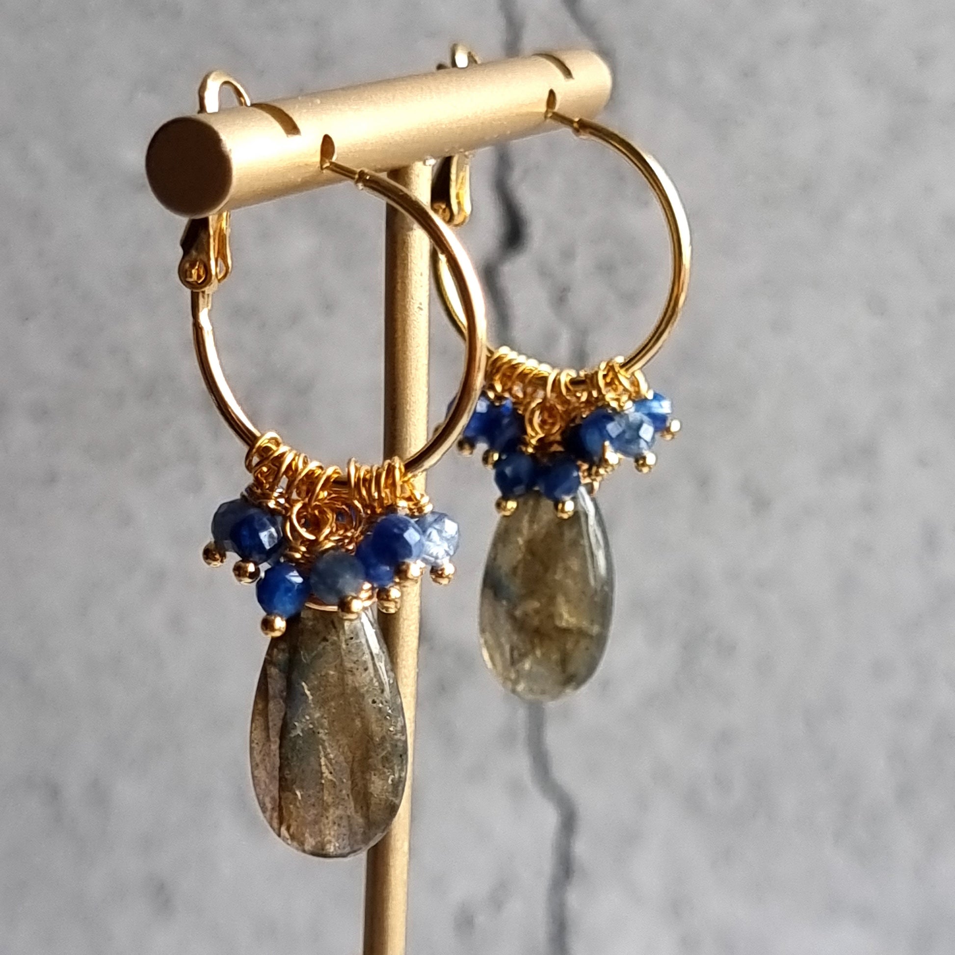Labradorite with cluster of Kyanite Small Hoop Gemstone Earrings